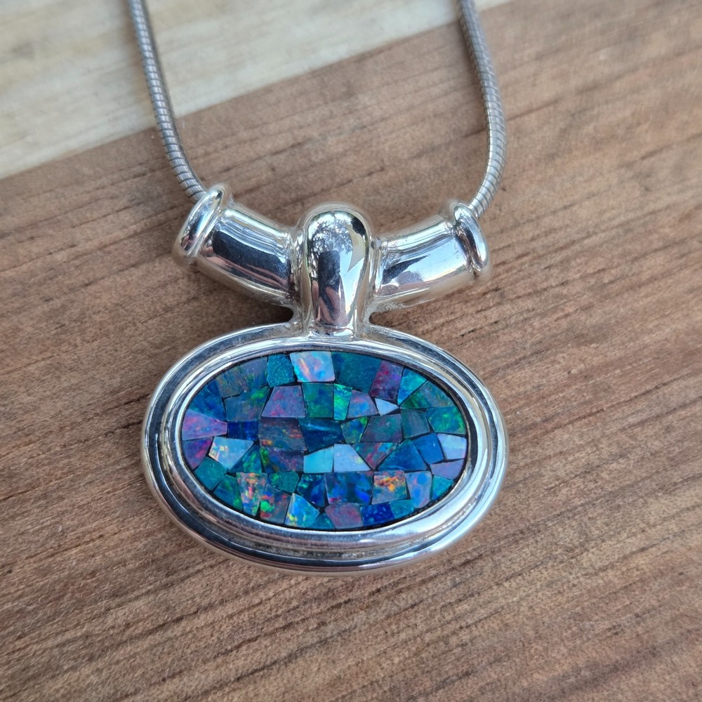 Sterling Silver Blue Mosaic Opal Pendant Necklace‎ .925 Serpentine Chain